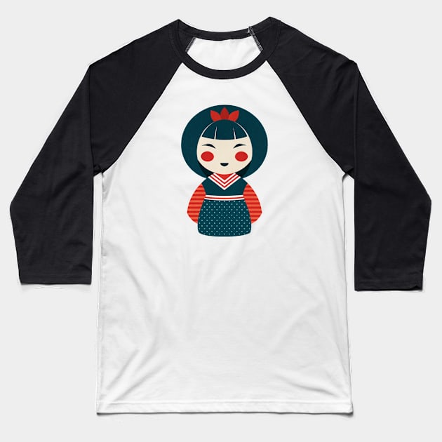 Kokeshi Doll Geisha Girl Baseball T-Shirt by Ravenglow